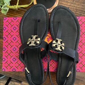 Tory Burch Black Sandals with Gold Emblem